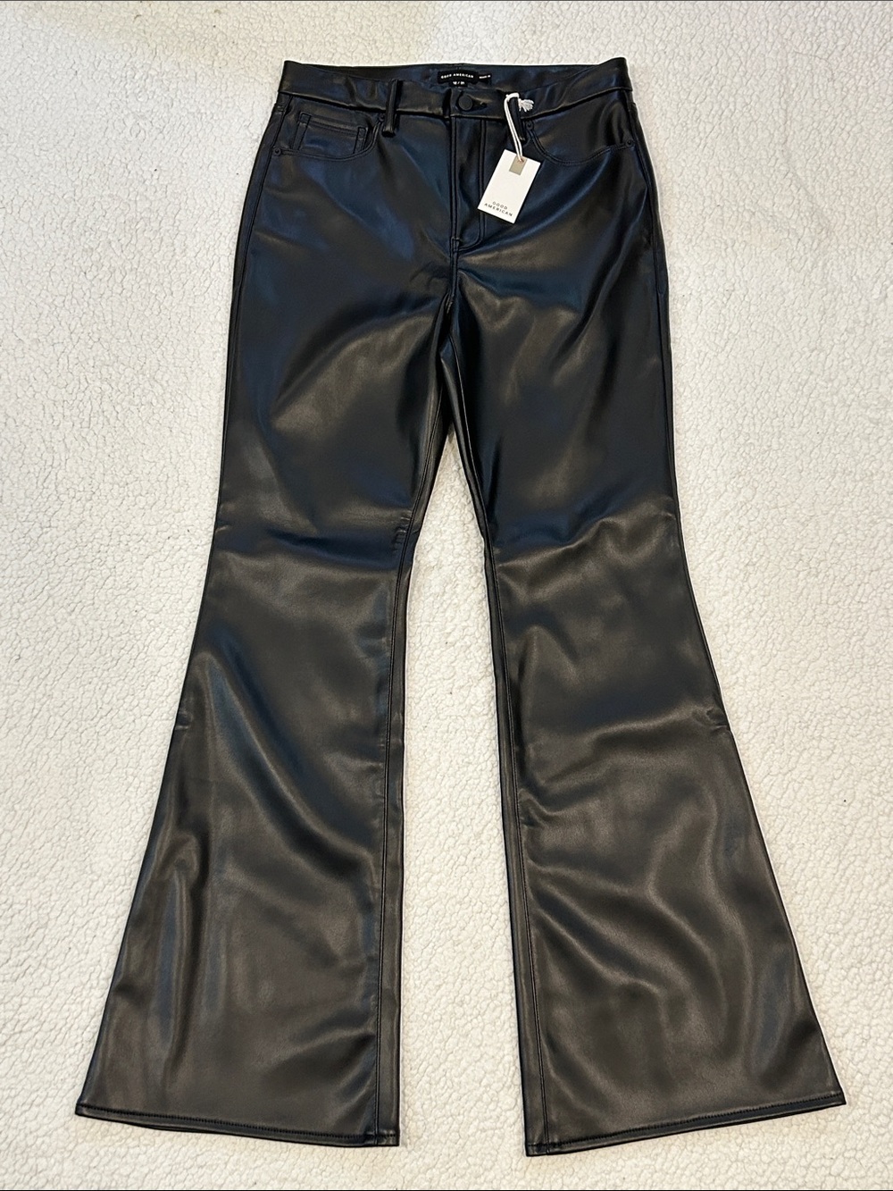 Good American Women's Good Legs High Rise Faux Leather Flare Pants sz 12 Black